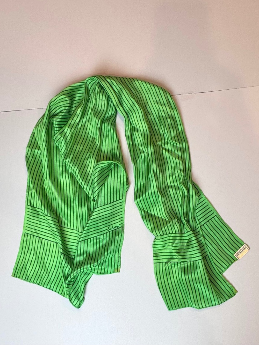 Vintage Echo 100% Pure Silk Scarf Lime Green & Black Pinstripe Oblong Wrap